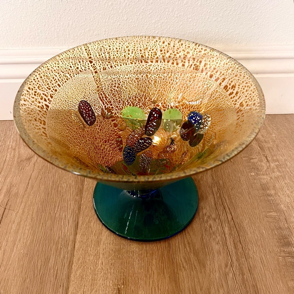 VTG Signed Large Glass Studio Murano Centerpiece Pedestal Bowl Hand Blown Italy‎